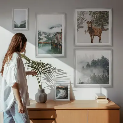 Modernes Wandbilder-Set mit Motiven von Natur, Tierwelt und Bergen