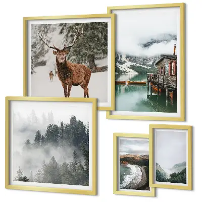 Modernes Wandbilder-Set mit Motiven von Natur, Tierwelt und Bergen