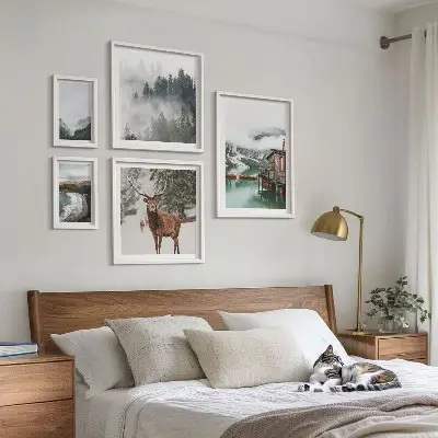 Modernes Wandbilder-Set mit Motiven von Natur, Tierwelt und Bergen