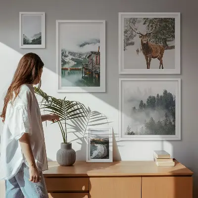 Modernes Wandbilder-Set mit Motiven von Natur, Tierwelt und Bergen