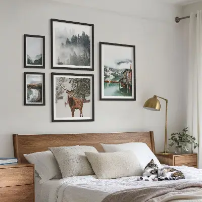 Modernes Wandbilder-Set mit Motiven von Natur, Tierwelt und Bergen