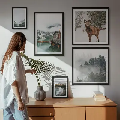 Modernes Wandbilder-Set mit Motiven von Natur, Tierwelt und Bergen