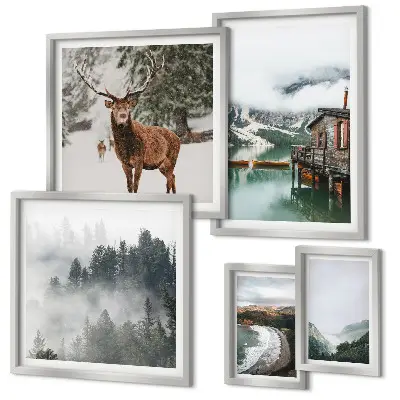 Modernes Wandbilder-Set mit Motiven von Natur, Tierwelt und Bergen