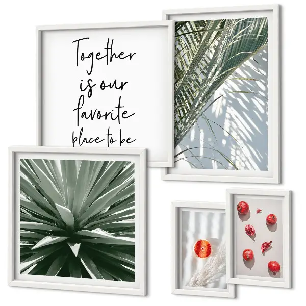 Modernes Wandbilder-Set im Boho-Stil mit Pflanzen, Früchten und tropischen Motiven