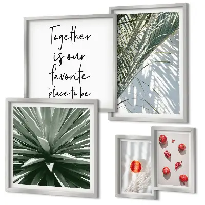 Modernes Wandbilder-Set im Boho-Stil mit Pflanzen, Früchten und tropischen Motiven
