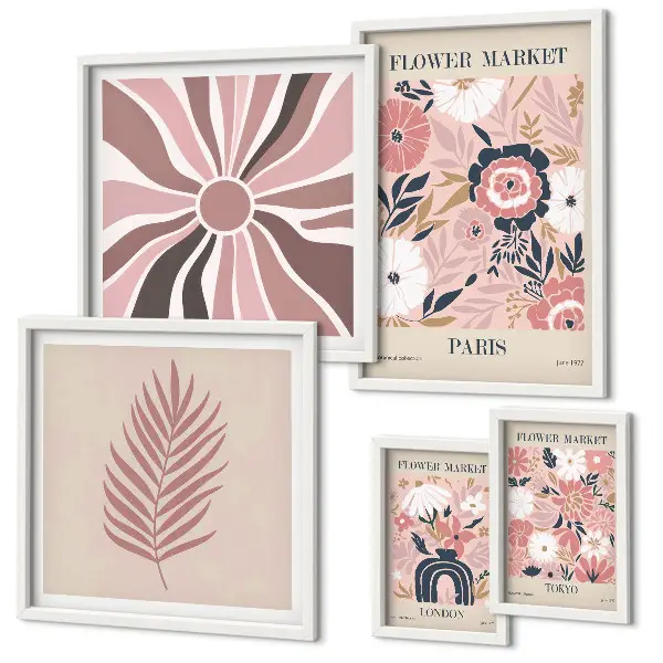 Bildergalerieset für die Wand mit Blumenmarkt-Motiven im Boho-Stil