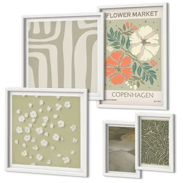 Modernes Wandbilder-Set mit Pflanzenmotiven und Boho-Muster