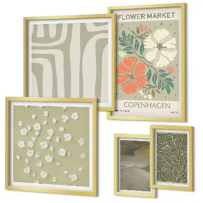 Modernes Wandbilder-Set mit Pflanzenmotiven und Boho-Muster