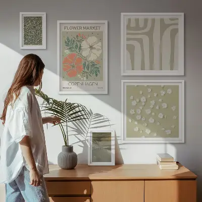 Modernes Wandbilder-Set mit Pflanzenmotiven und Boho-Muster