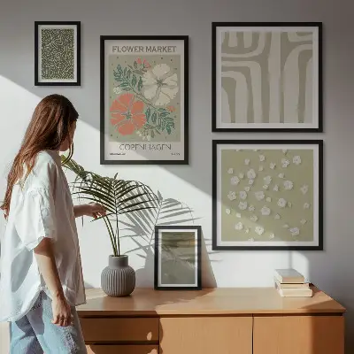 Modernes Wandbilder-Set mit Pflanzenmotiven und Boho-Muster