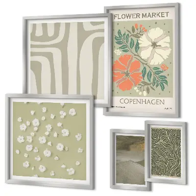 Modernes Wandbilder-Set mit Pflanzenmotiven und Boho-Muster