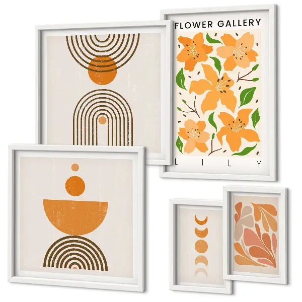 Modernes Wandbilder-Set mit stilvollen Blumen und geometrischen Motiven