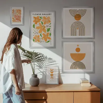 Modernes Wandbilder-Set mit stilvollen Blumen und geometrischen Motiven