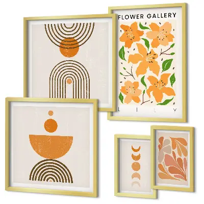 Modernes Wandbilder-Set mit stilvollen Blumen und geometrischen Motiven