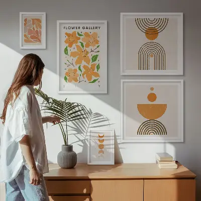 Modernes Wandbilder-Set mit stilvollen Blumen und geometrischen Motiven