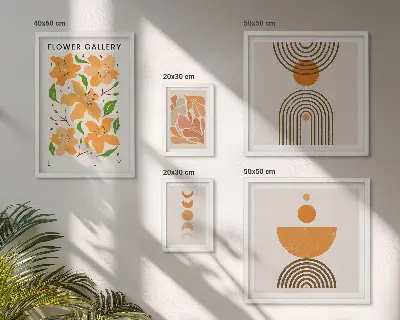 Modernes Wandbilder-Set mit stilvollen Blumen und geometrischen Motiven