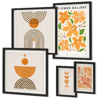 Modernes Wandbilder-Set mit stilvollen Blumen und geometrischen Motiven