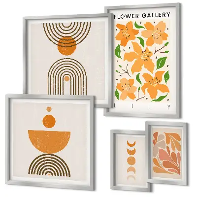 Modernes Wandbilder-Set mit stilvollen Blumen und geometrischen Motiven