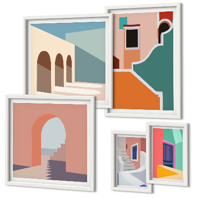 Modernes wandbilder-set Farbenfrohe Illustrationen von Gebäuden