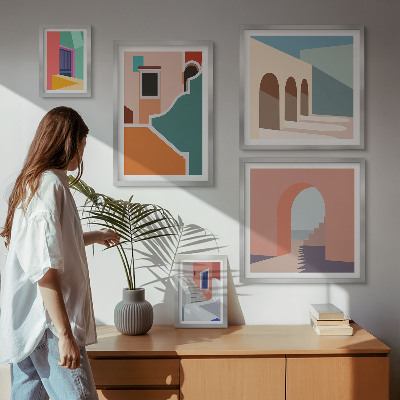 Modernes wandbilder-set Farbenfrohe Illustrationen von Gebäuden