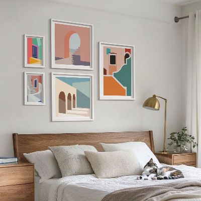 Modernes wandbilder-set Farbenfrohe Illustrationen von Gebäuden