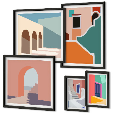 Modernes wandbilder-set Farbenfrohe Illustrationen von Gebäuden