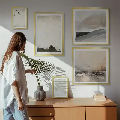 Bildergalerieset für die Wand mit Motiven von Vögeln, Steinen, Pinselstrichen und Verzierungen