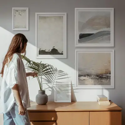 Bildergalerieset für die Wand mit Motiven von Vögeln, Steinen, Pinselstrichen und Verzierungen