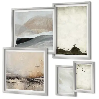Bildergalerieset für die Wand mit Motiven von Vögeln, Steinen, Pinselstrichen und Verzierungen