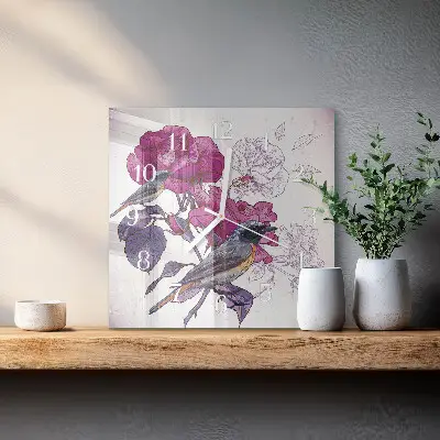 Glasuhr quadratisch Vögel und Blumen