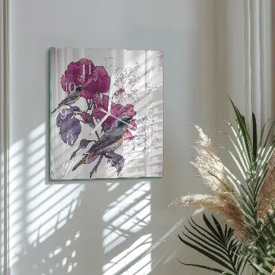 Glasuhr quadratisch Vögel und Blumen