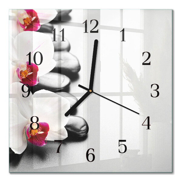 Quadratische wanduhr modern Steine und Orchideen