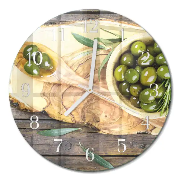 Runde wanduhr aus glas Olivenholz