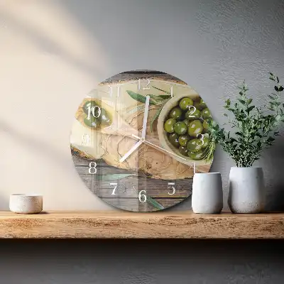 Runde wanduhr aus glas Olivenholz