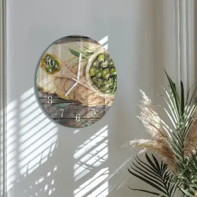 Runde wanduhr aus glas Olivenholz