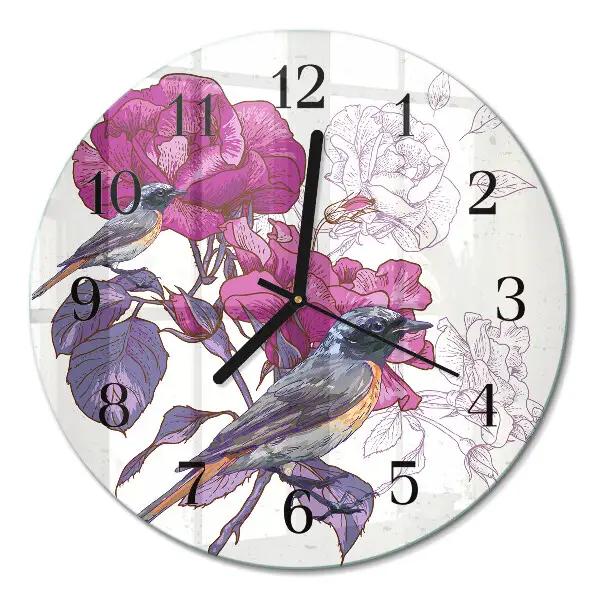Runde wanduhr aus glas Vögel und Blumen