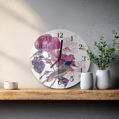 Runde wanduhr aus glas Vögel und Blumen