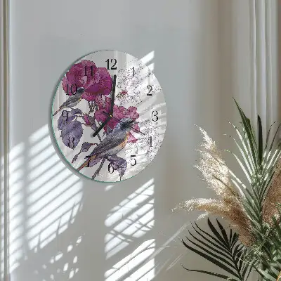 Runde wanduhr aus glas Vögel und Blumen