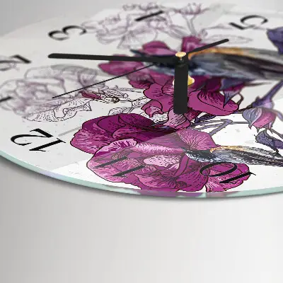 Runde wanduhr aus glas Vögel und Blumen