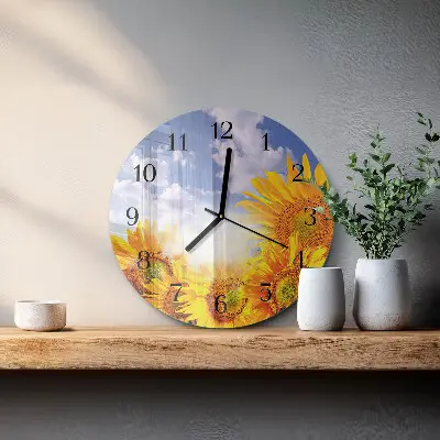 Runde wanduhr aus glas Sonnenblumen