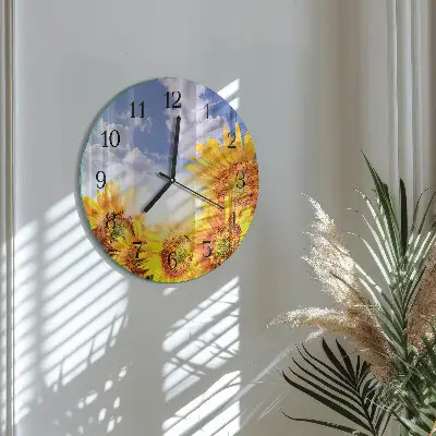 Runde wanduhr aus glas Sonnenblumen