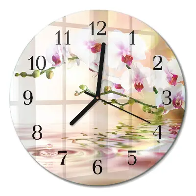 Runde wanduhr aus glas Orchidee