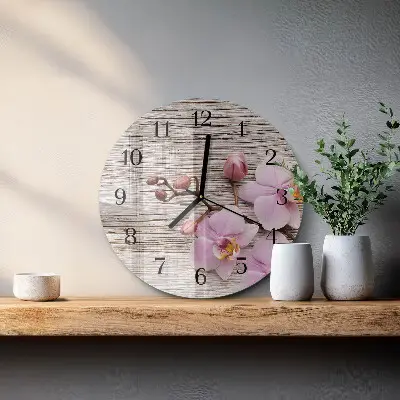 Runde wanduhr aus glas Orchidee