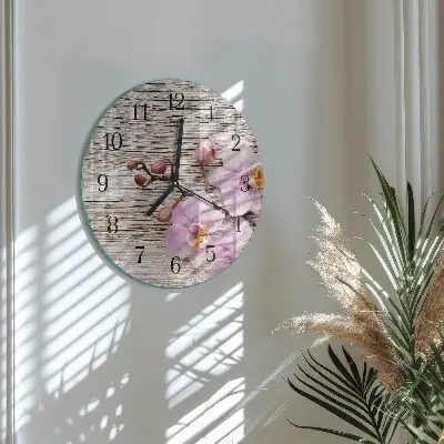 Runde wanduhr aus glas Orchidee