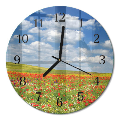 Wanduhr glas rund Mohnfeld