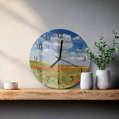 Wanduhr glas rund Mohnfeld