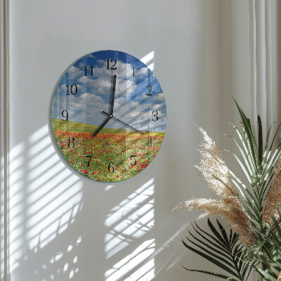 Wanduhr glas rund Mohnfeld