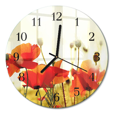 Wanduhr glas rund Mohnblumen