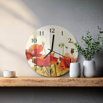 Wanduhr glas rund Mohnblumen