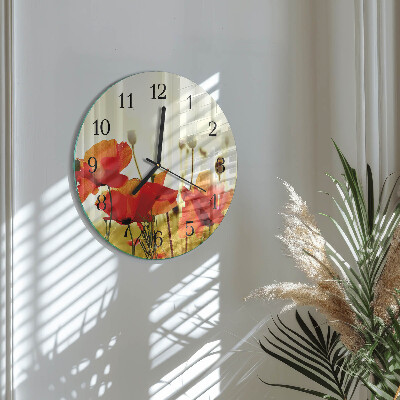 Wanduhr glas rund Mohnblumen